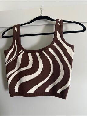 Brown & Cream Wave Knit Tank Top - Women's Ribbed Scoop Neck